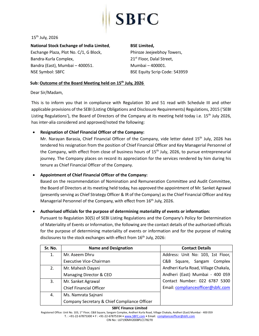 Page one of SBFC Finance Limited's board meeting outcome filing